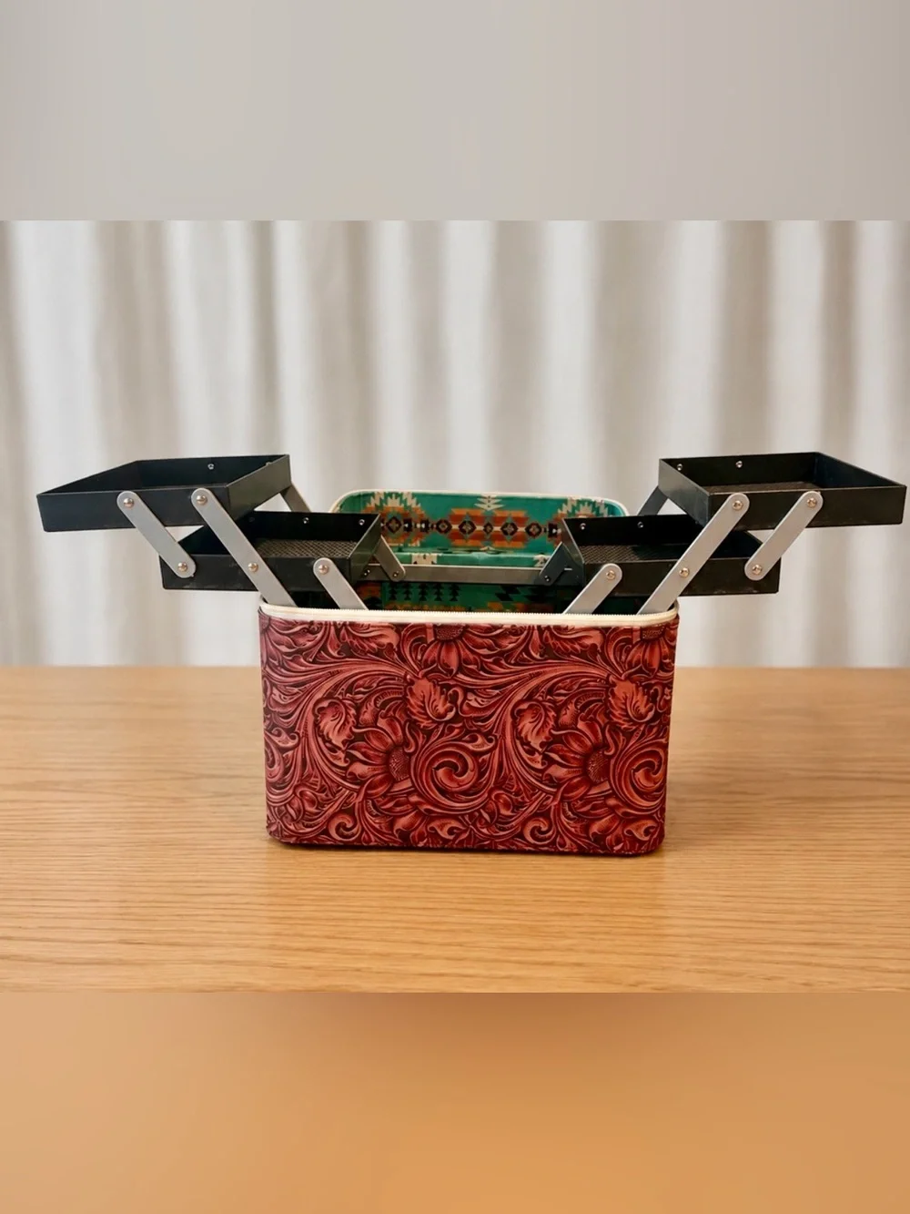 Vintage-Inspired Southwestern Floral Printed Vinyl Cantilever Makeup Train Case